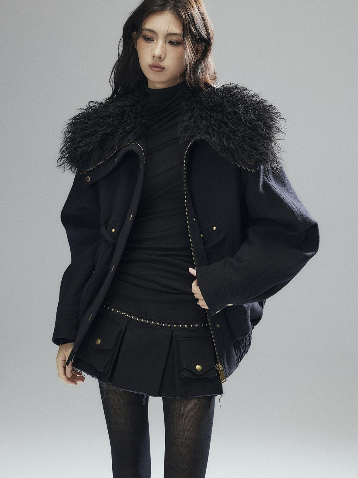 Low pixel Thick Wool Blend Multi Pocket Loose Fit Sexy Girl Black Zipper Cropped Jackets