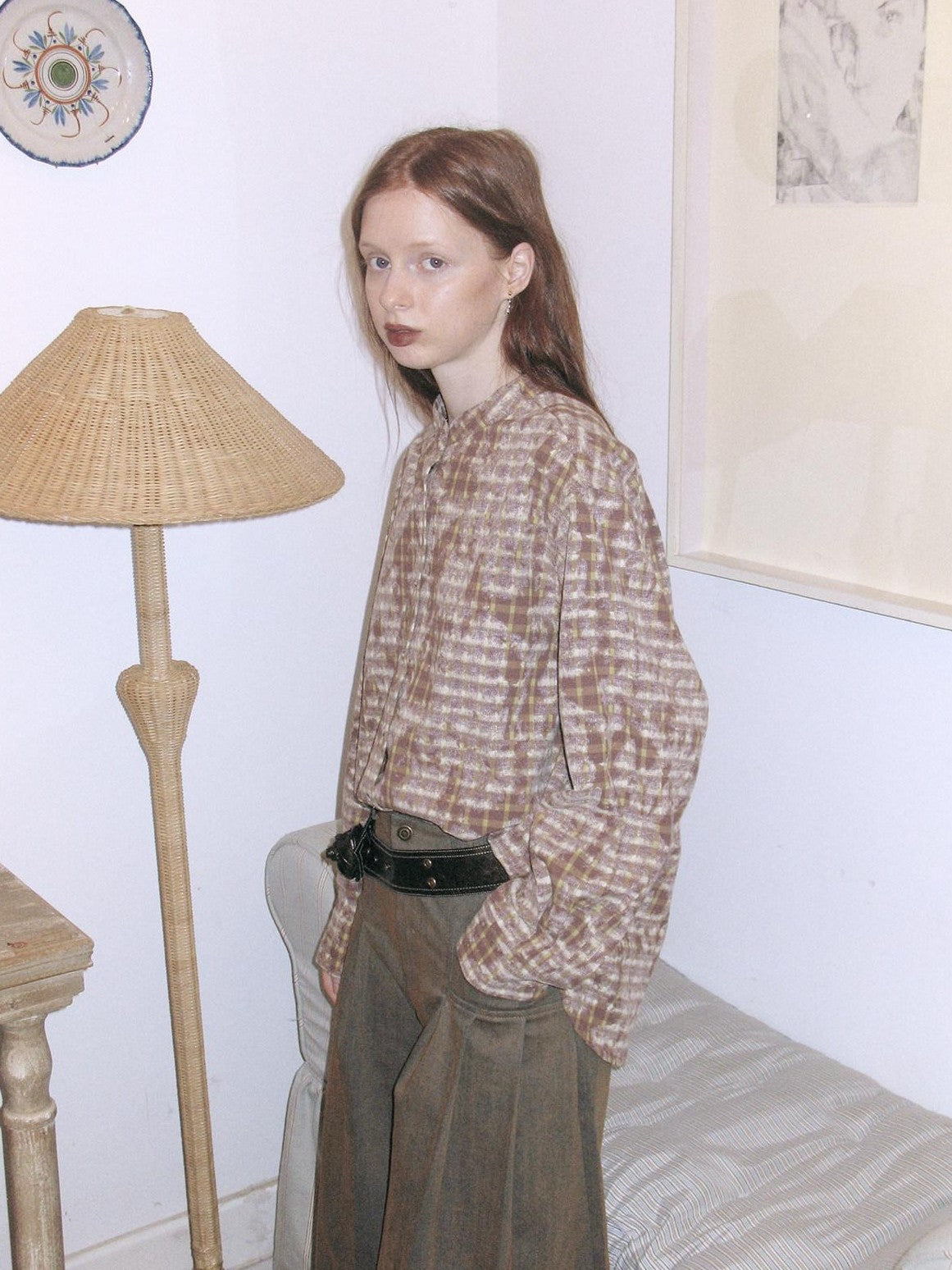 Dorydory Vintage Distressed Round Neck Plaid Niche Japanese Women&