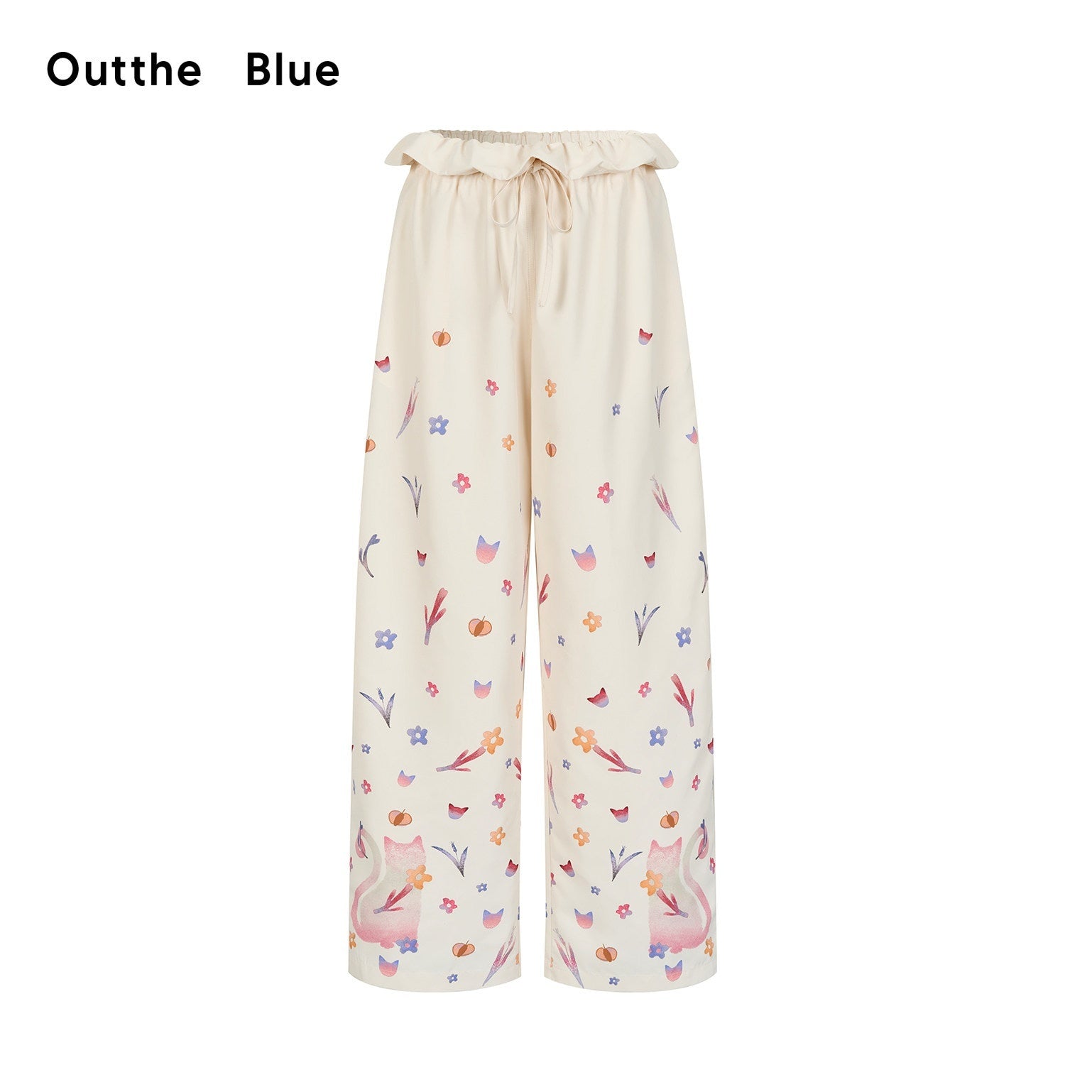OuttheBlue Cute Cat Floral Print Sweet Natural Waist Long Polyester Women Straight Pants