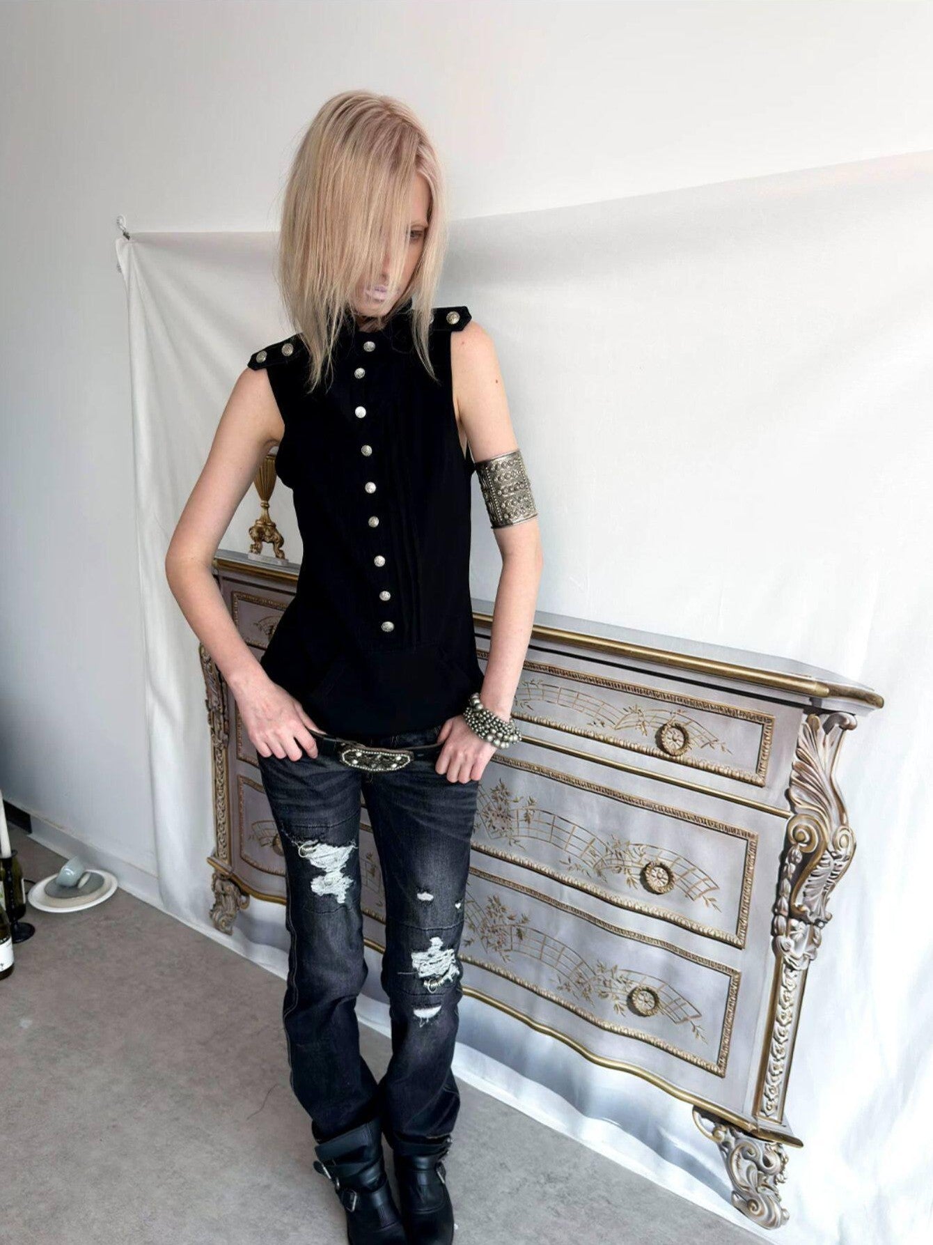 DoublePunch Metal Button Epaulet Convertible Half High Neck Women&