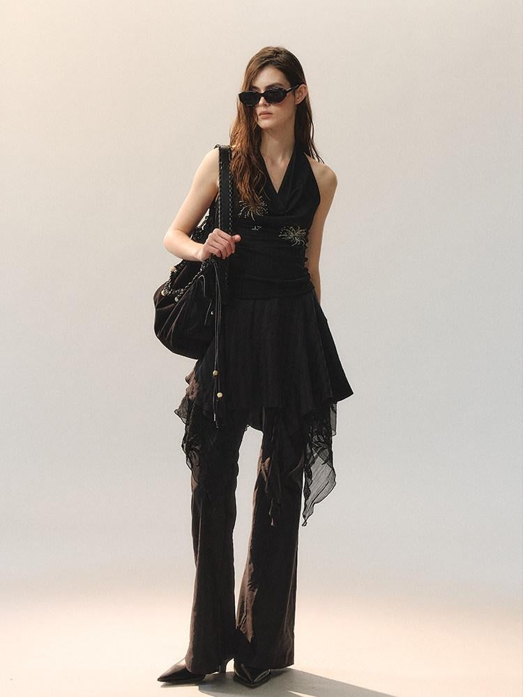 AnnoMundi Airy Lyocell Embroidered Halter Polo Collar Midi Women Black Tank Tops