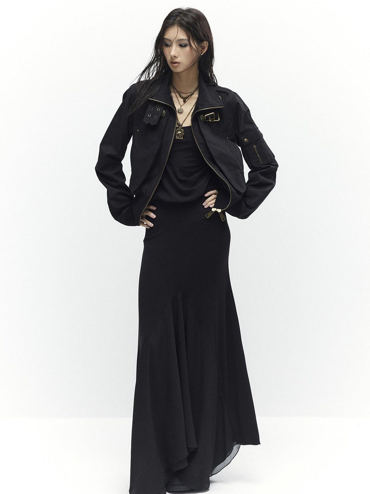Low pixel Plush Lined Waist Cinch Dark Goth Slim Fit Women Zip High Collar Cropped Jackets