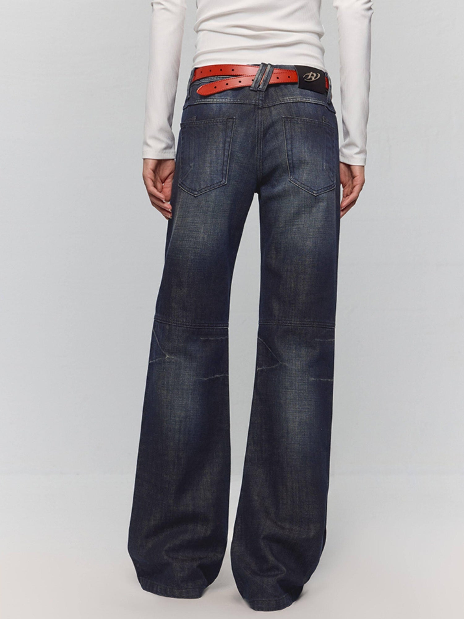 RUN TO THE FUTURE Washed Low Rise Loose Fit Casual Womens Black Stretch Denim Straight Jeans