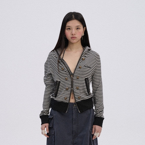 Achihara Soft Stretch Cotton Striped Cropped Hooded Zip Up Straight Fit Women Hoodies