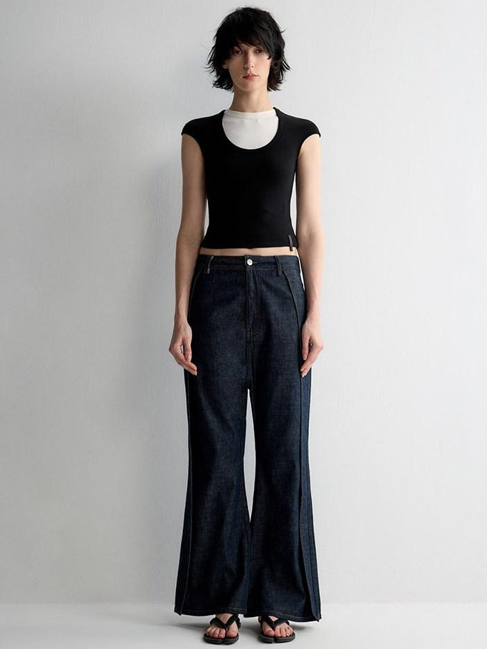 RUN TO THE FUTURE Durable Washed Casual Low Rise Wide Leg Dark Denim Flare Jeans