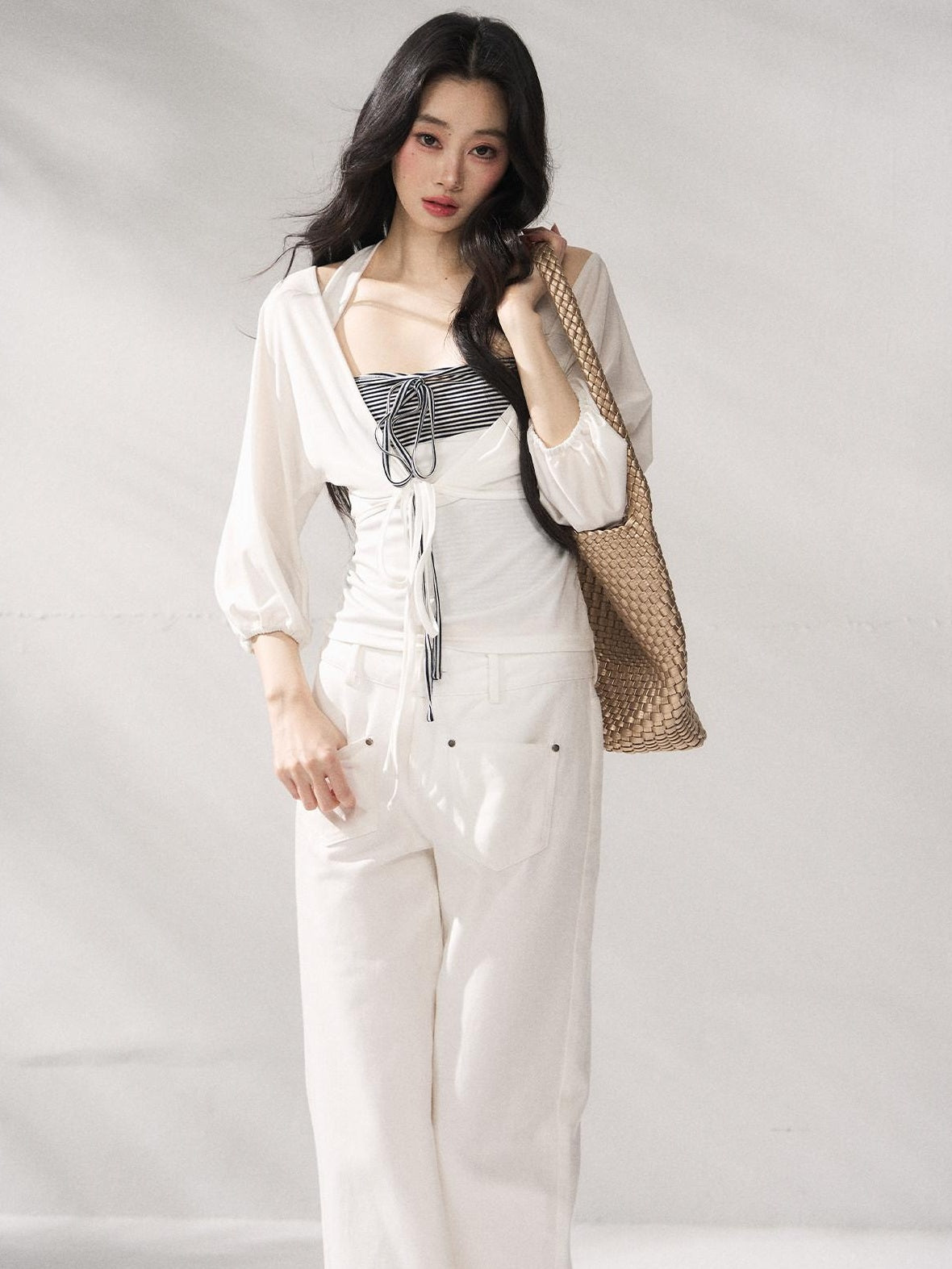 7Shiftin Striped Layered Two Piece Three Quarter Sleeve High Waist Long Sleeve Crop Tops