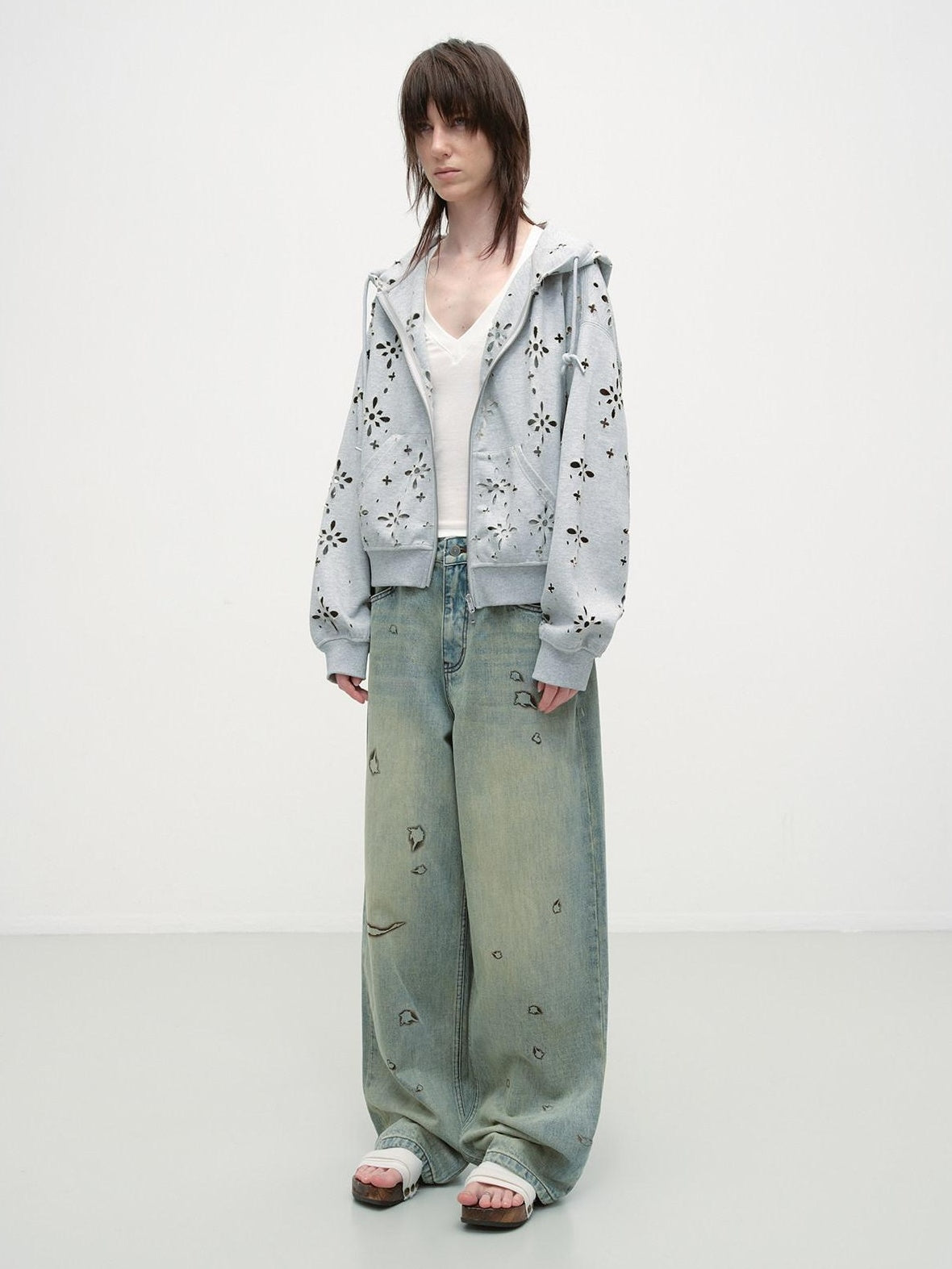 RUN TO THE FUTURE Durable Washed Low Rise Asymmetrical Vintage Unisex Printed Denim Wide-Leg Jeans