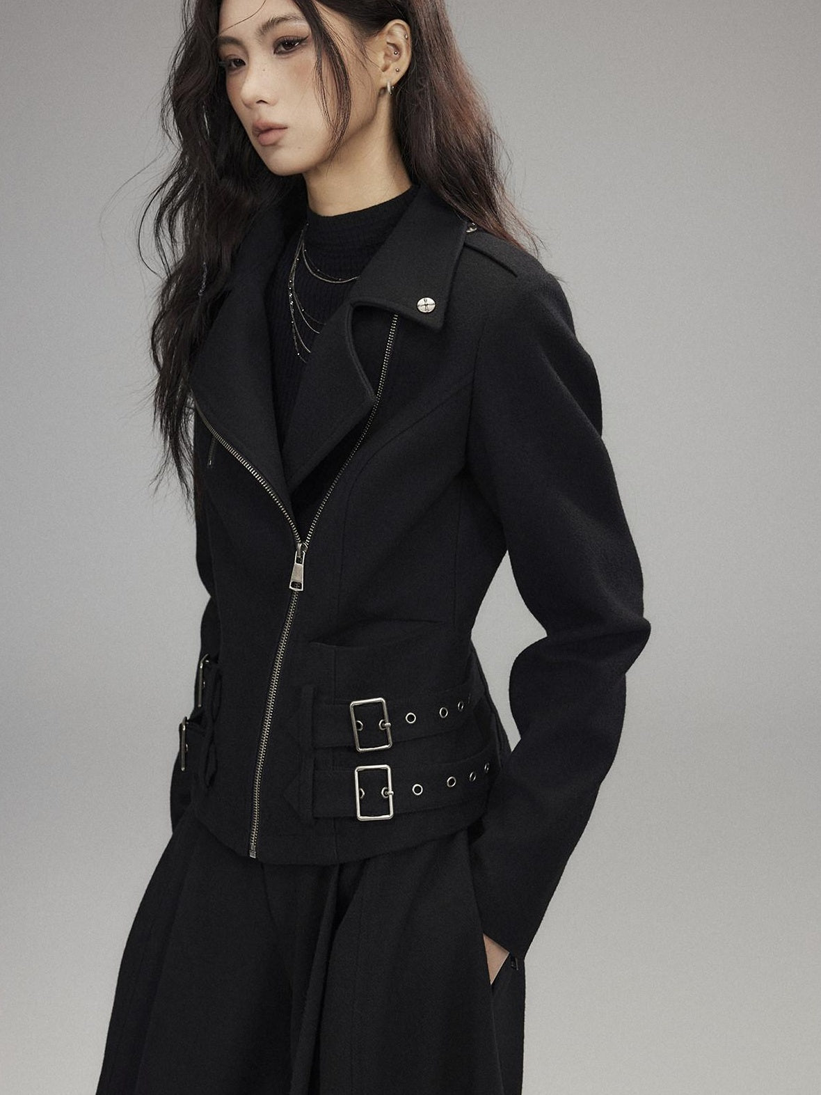 Low pixel Wool Blend Thick Slim Fit Street Euro Zip Front Black Cropped Jackets