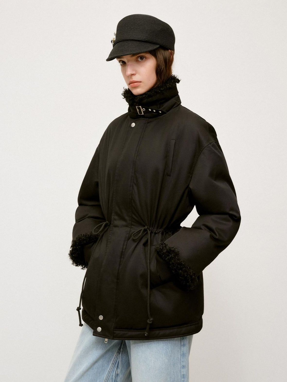 RUN TO THE FUTURE Classic Black Cotton Commuter Loose Fit Stand Collar Zipper Outerwear Parkas