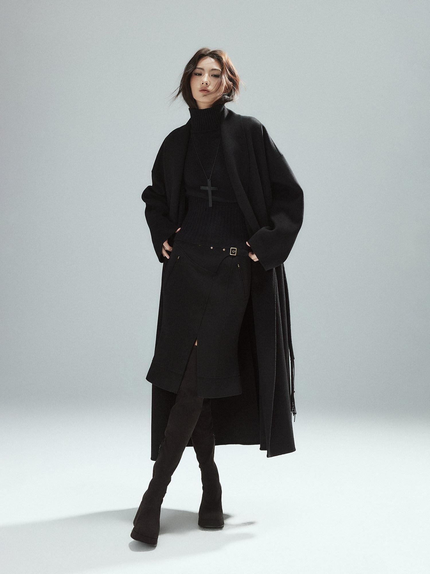 Low pixel Wool Blend Lined Patchwork Hline Slim Low Waist Black Side Zip Midi Skirts