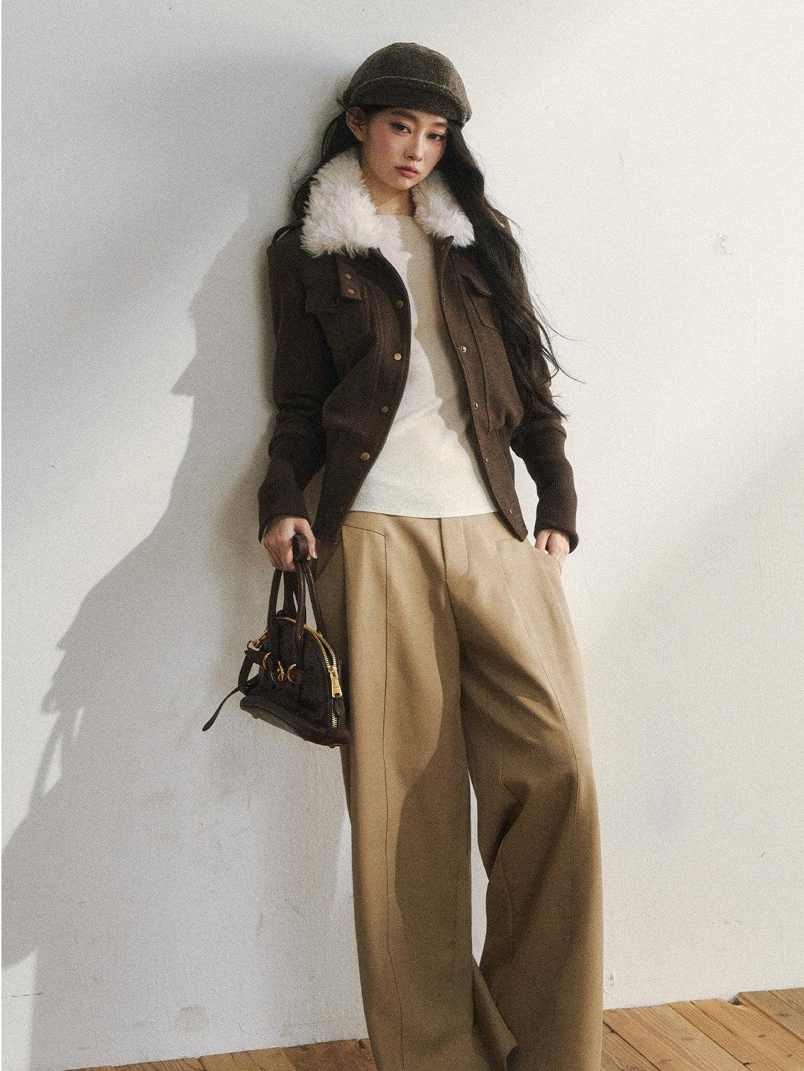 7Shiftin Slimming Casual Loose Fit Womens Brown Button Front Cropped Jackets
