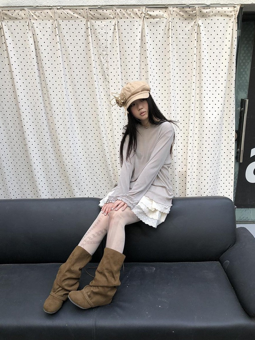 ang project Mocha Sheer Mesh Layered Ruffle Round Neck Women&