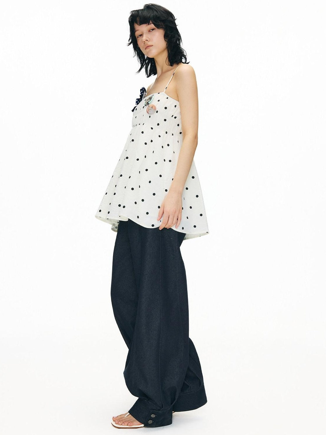 OuttheBlue Soft Cotton Loose Fit Polka Dot Spaghetti Strap Beige Slip Mini Dresses
