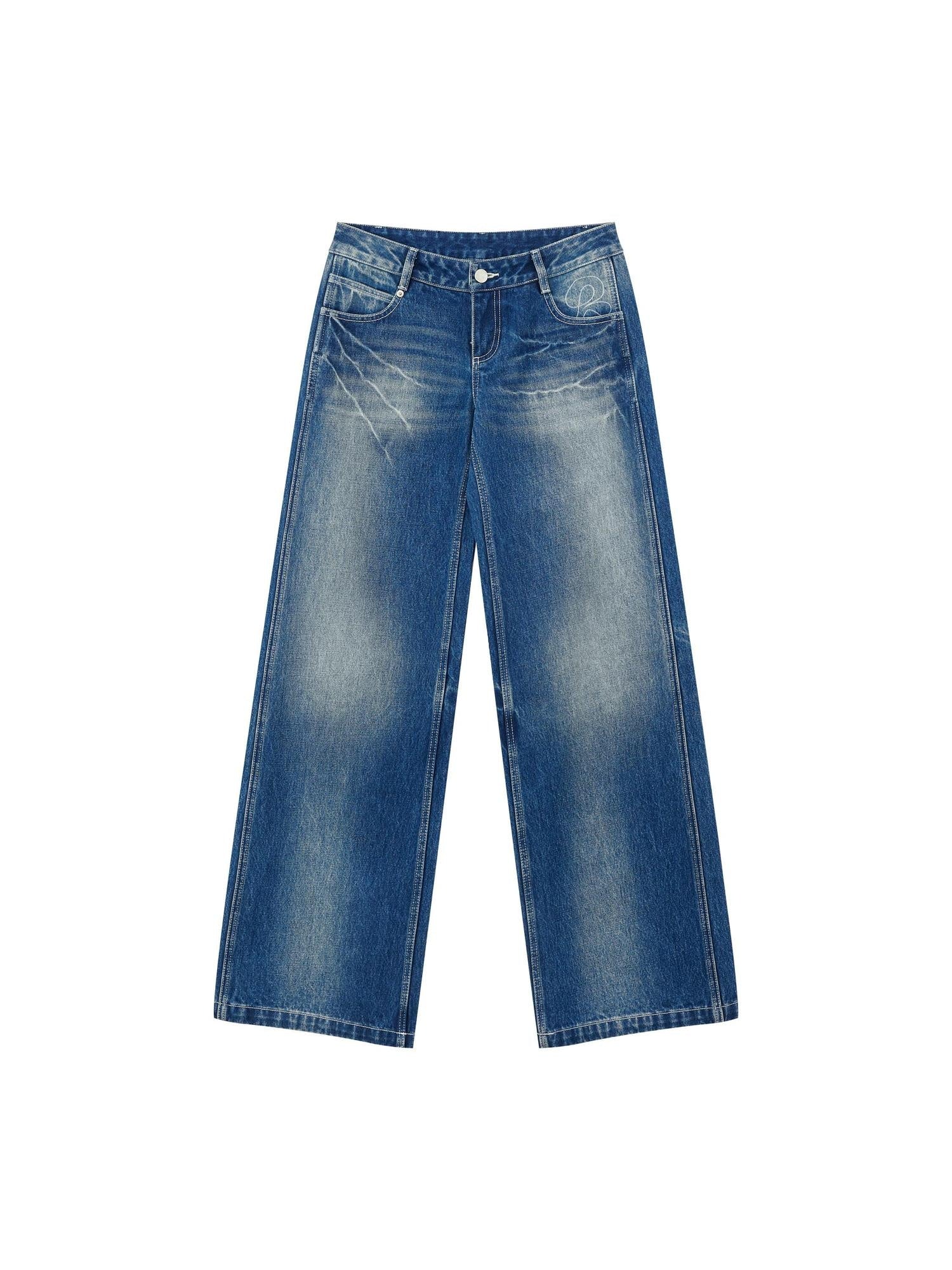 RUN TO THE FUTURE Vintage Blue Washed Mid Rise Cotton Zipper Women No Stretch Straight Jeans