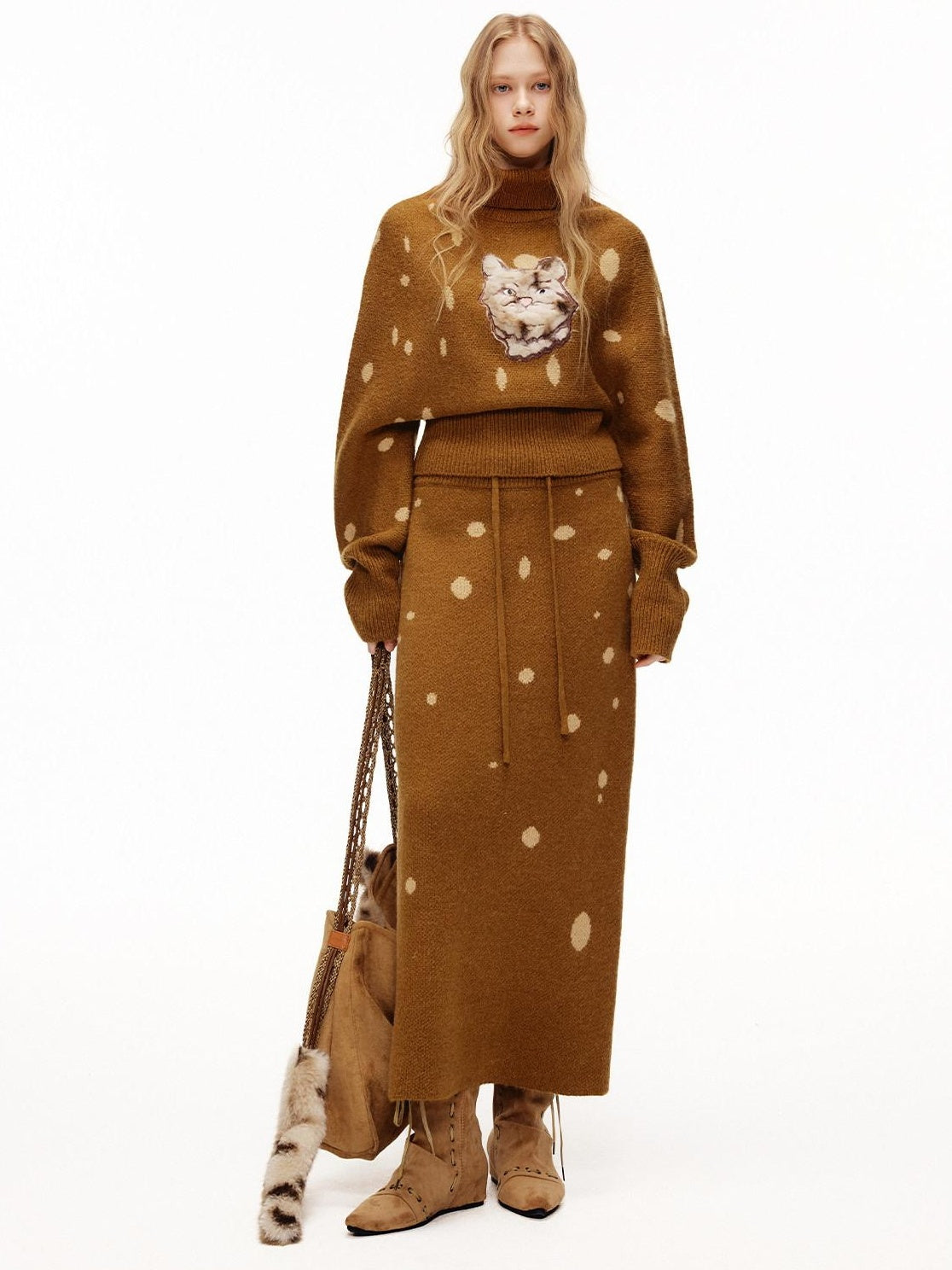 OuttheBlue Cozy Turtleneck Pullover Waist Cinched Casual Animal Print Knit Top & Skirt Sets