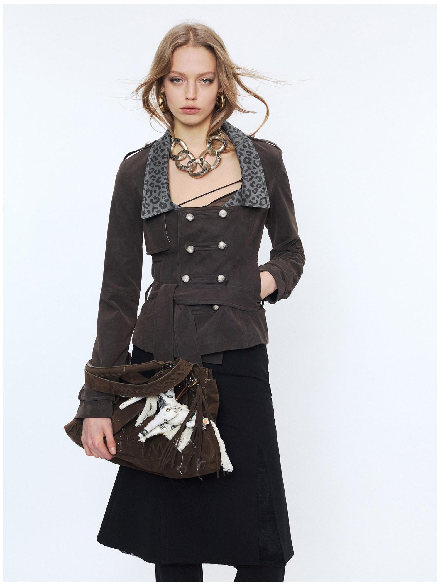 2th Desire Waist Cinch Punk Leopard Print Slim Fit Zip Short Women Trench Coats