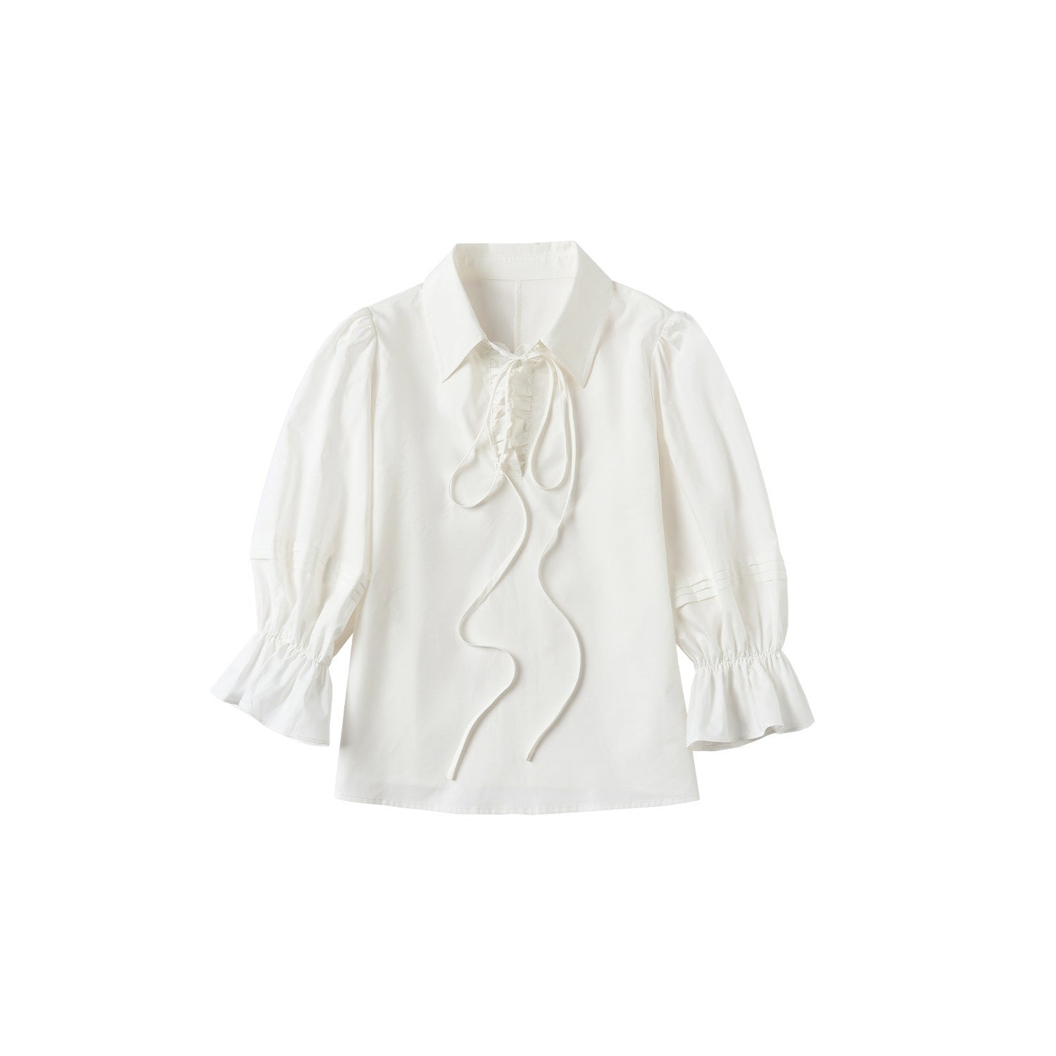 OuttheBlue Lightweight Cotton Lyocell High Waist Tie Casual Puff Sleeves Women Blouses