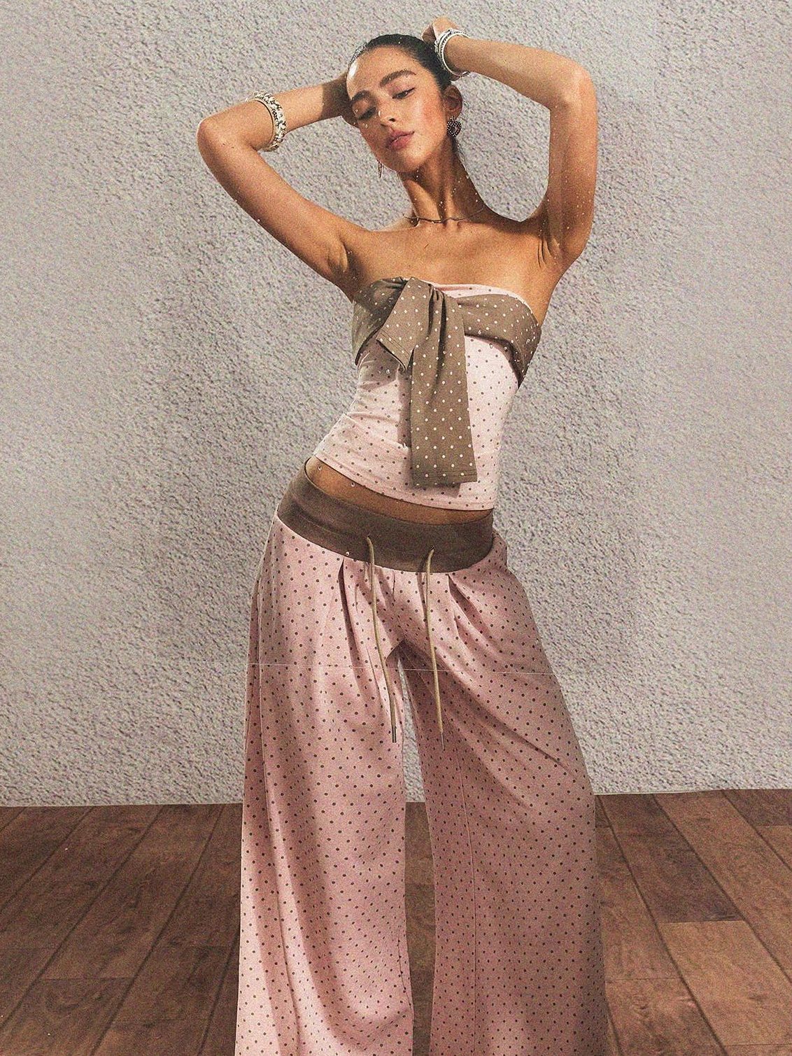 The NeverMore Polka Dot Cotton Two Piece Colorblock Sexy High Waist Pants Tube Tops