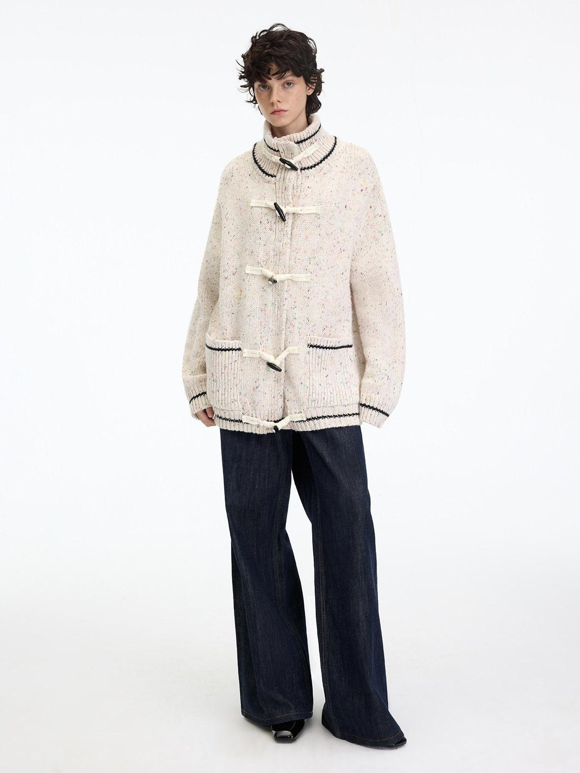 RUN TO THE FUTURE Viscose Wool Blend Button Cardigan Stand Collar Loose Fit Women Apricot Sweaters