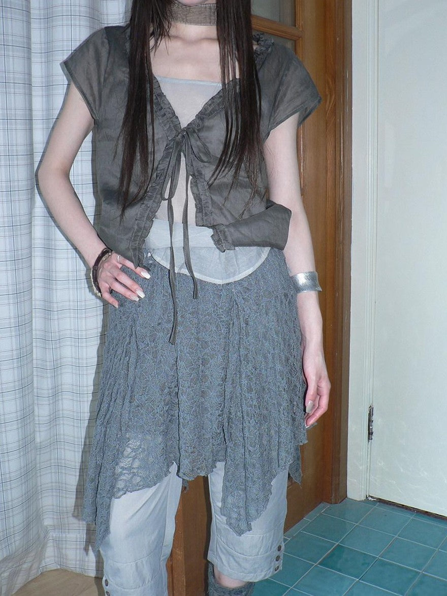 ang project Gray Patchwork Gathered Irregular Layered A Line Women&