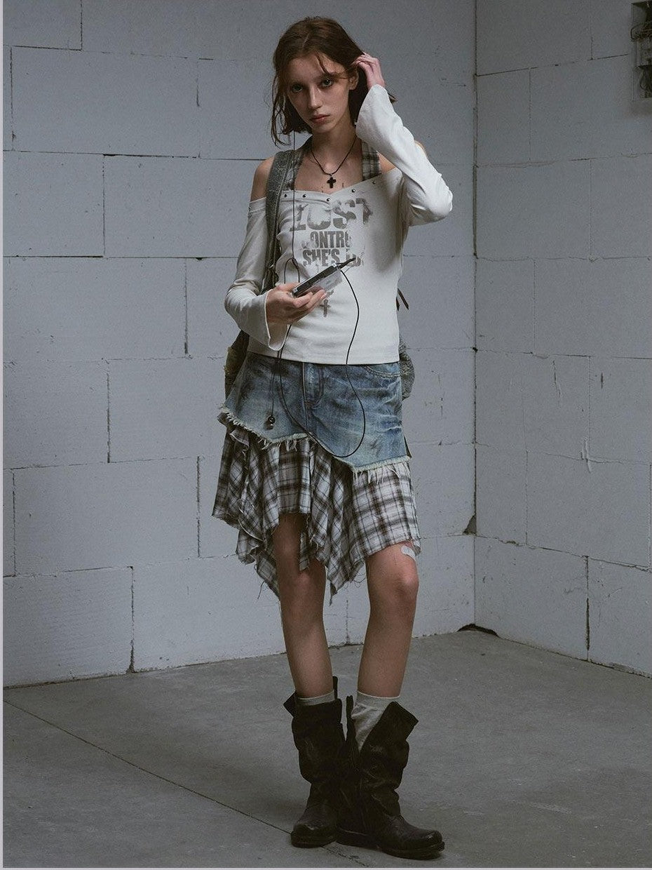 Cest Nous Washed Deconstructed Plaid Patchwork Asymmetric Women&