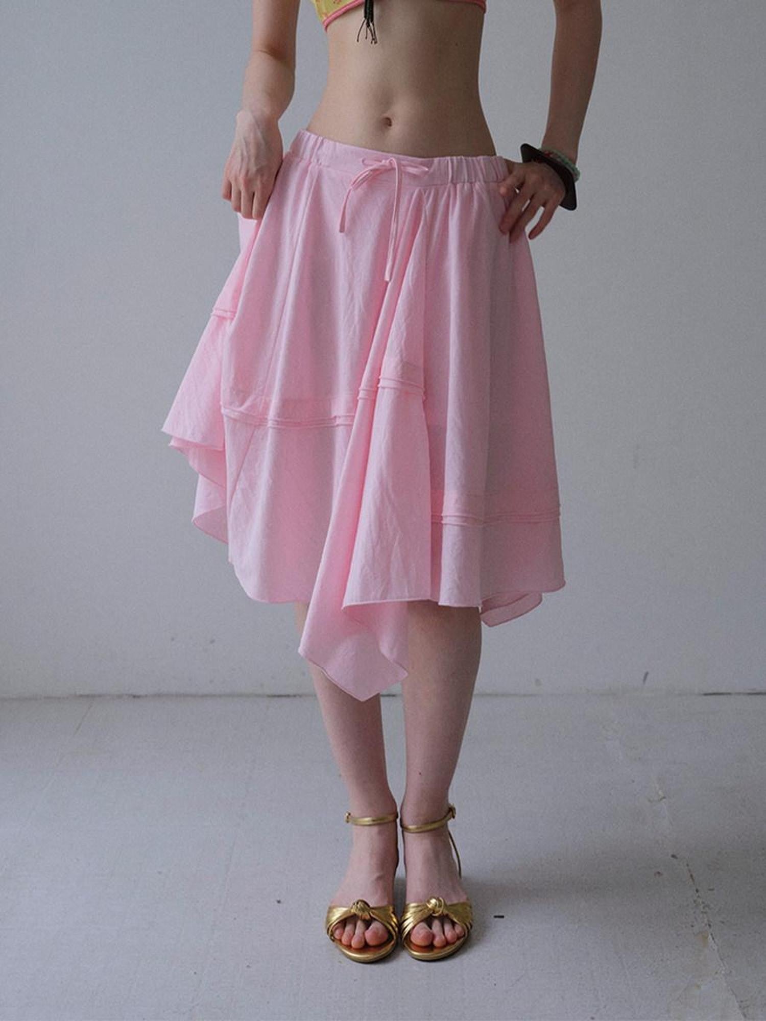 DKZ OFFICIAL Pink Ribbed Elastic Waist Asymmetric A Line Women&