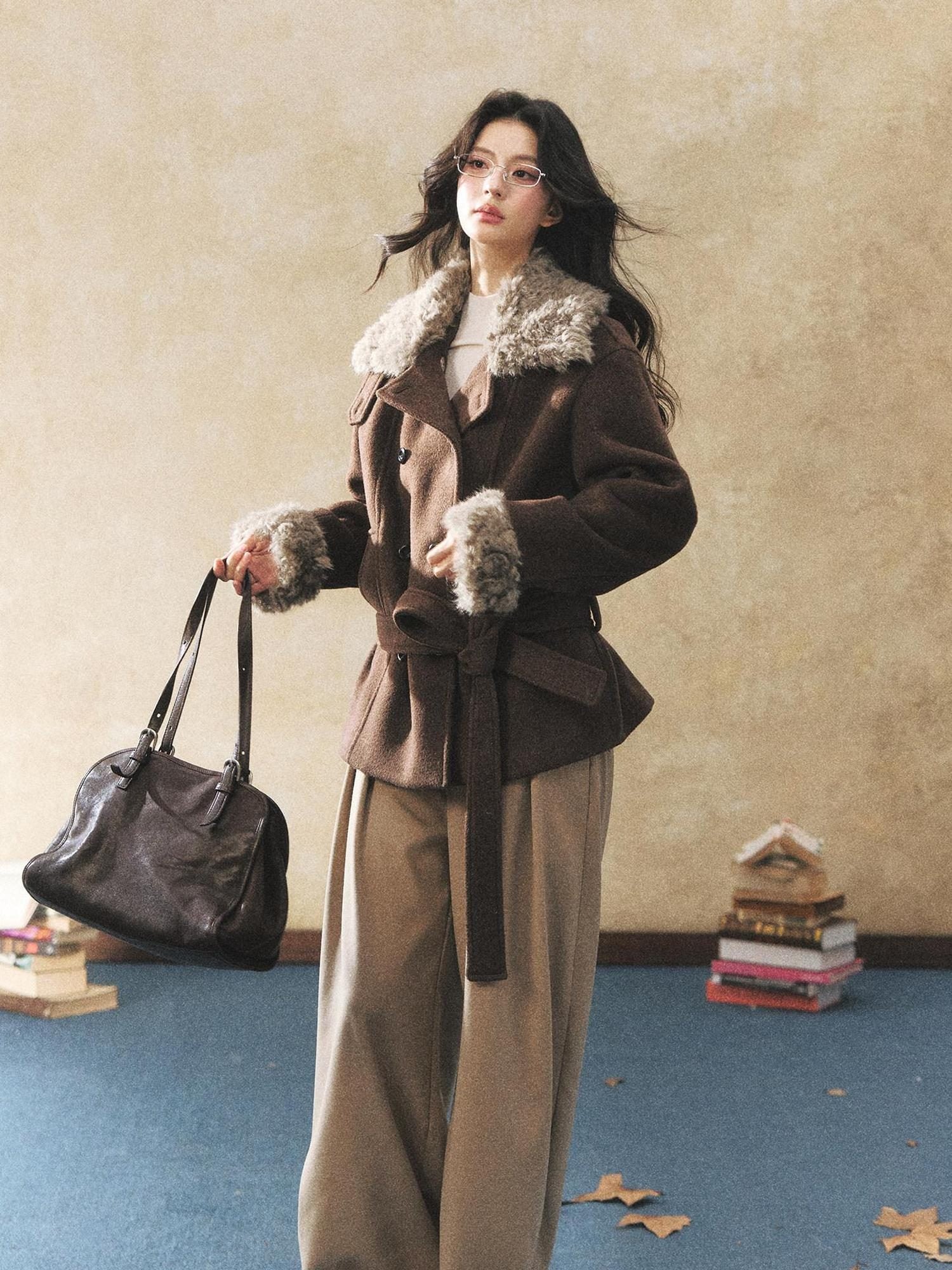 7Shiftin Warm Waist Cinched Casual Mid Length Fur Collar Double Breasted Brown Coats