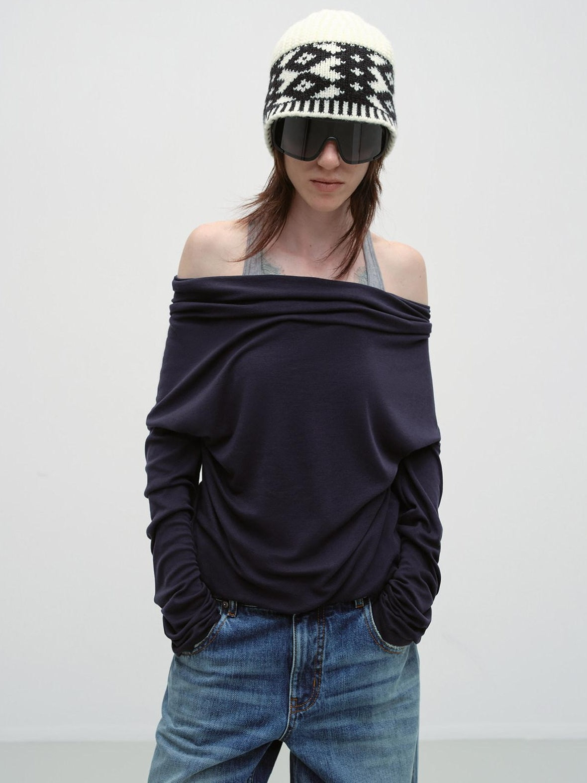 RUN TO THE FUTURE Lyocell Wool Blend Oversized Patchwork Pullover Long Sleeve T-Shirts