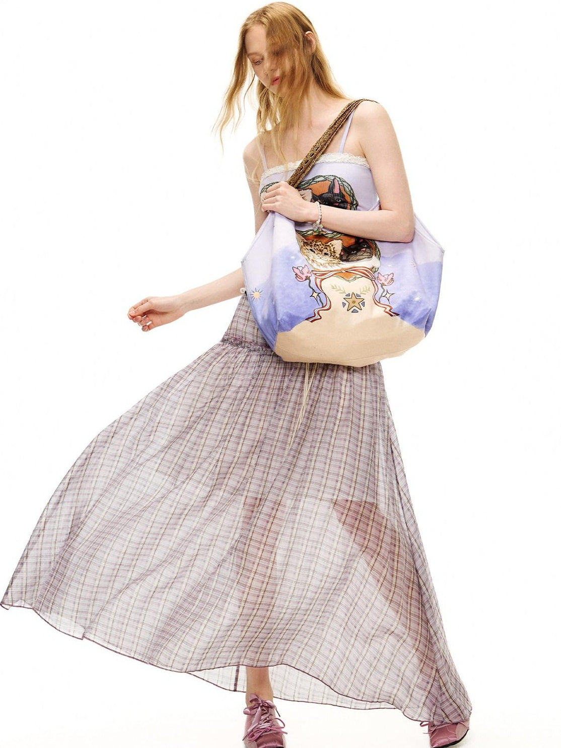 OuttheBlue Cute Cat Print Light Purple Roomy Square Double Strap Shoulder Women Tote Bags