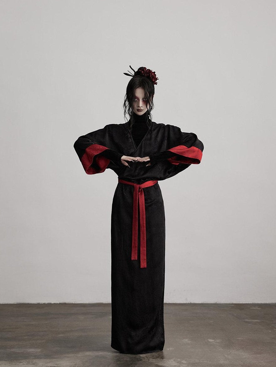 INDULGE Gothic V-neck Viscose Flared Loose Casual Womens Black Trench Coats