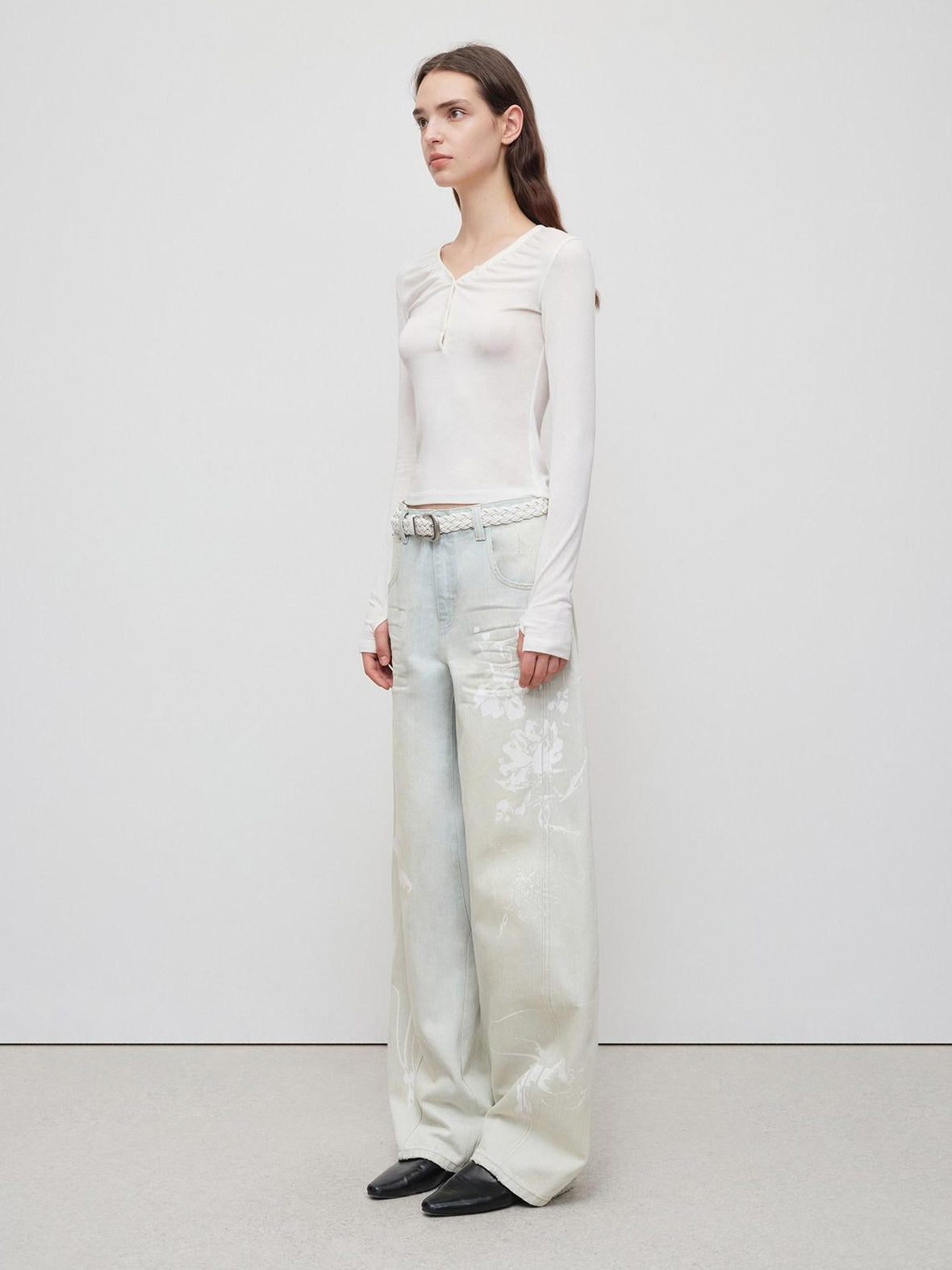 RUN TO THE FUTURE Vintage Light Blue Floral Cotton Loose Casual Womens Zipper Fly Wide-Leg Jeans