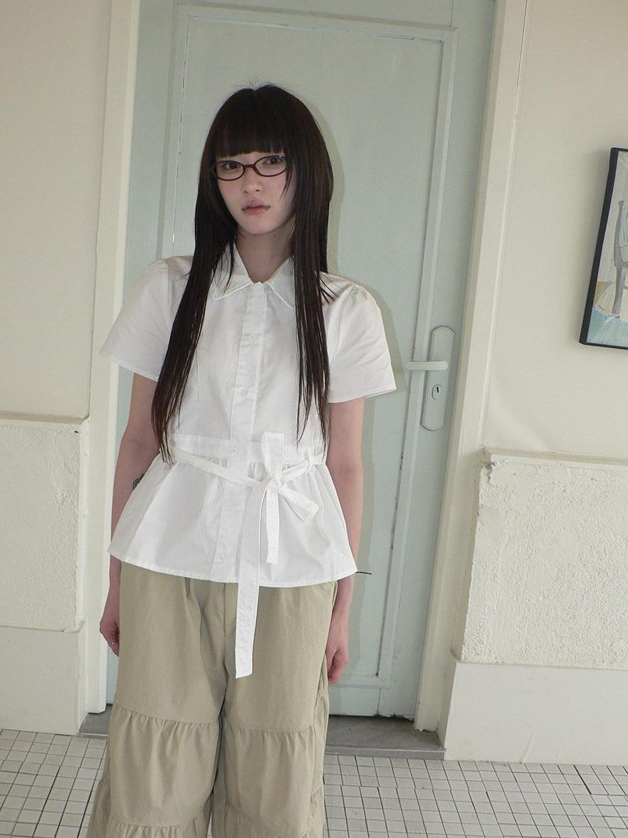 ang project Korean Turn Down Collar Single Button Tie Waist Women&