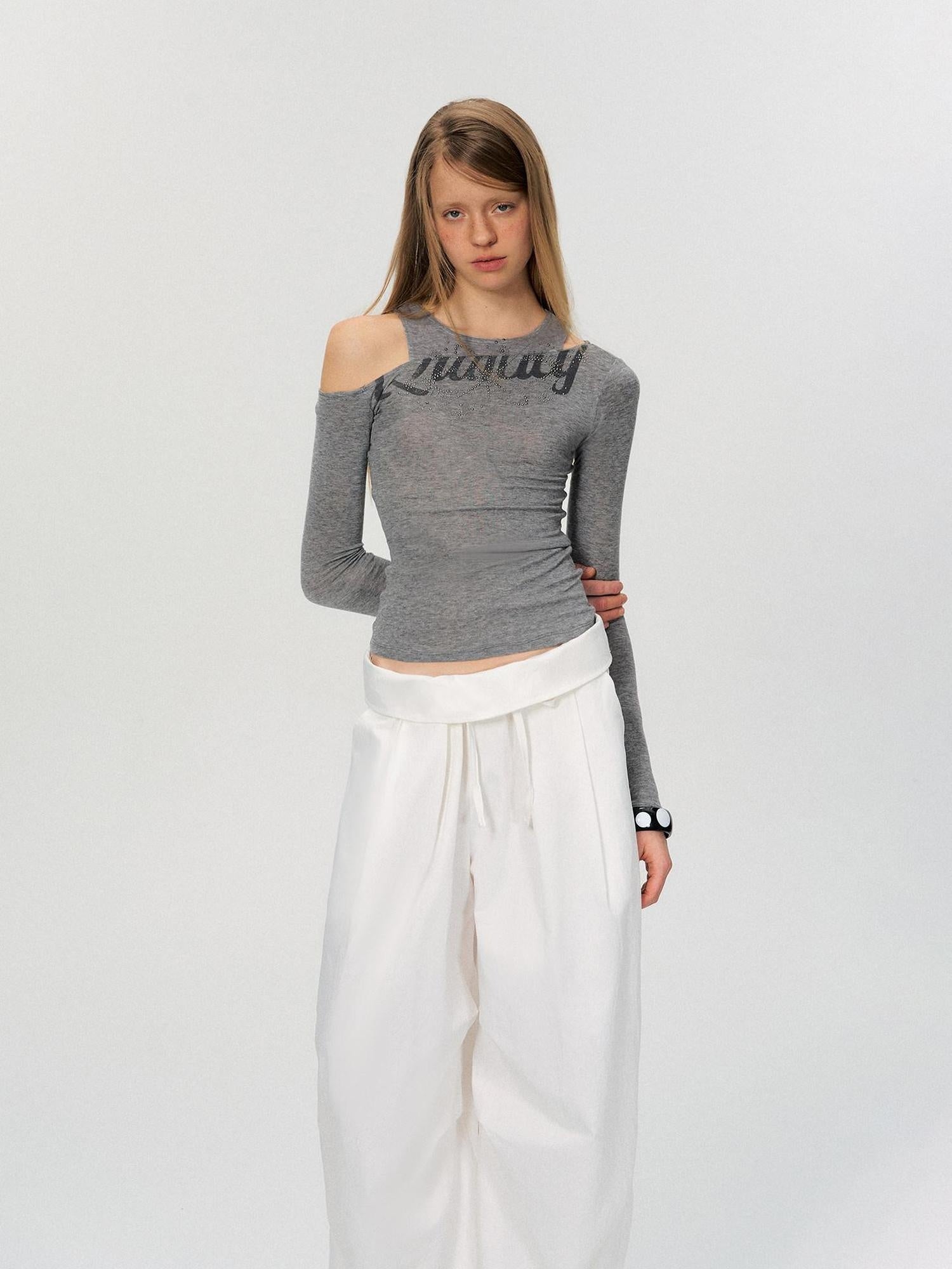 The NeverMore Rhinestone Vintage Slim Women Lyocell Blend Letter Print Long Sleeve Crop Tops