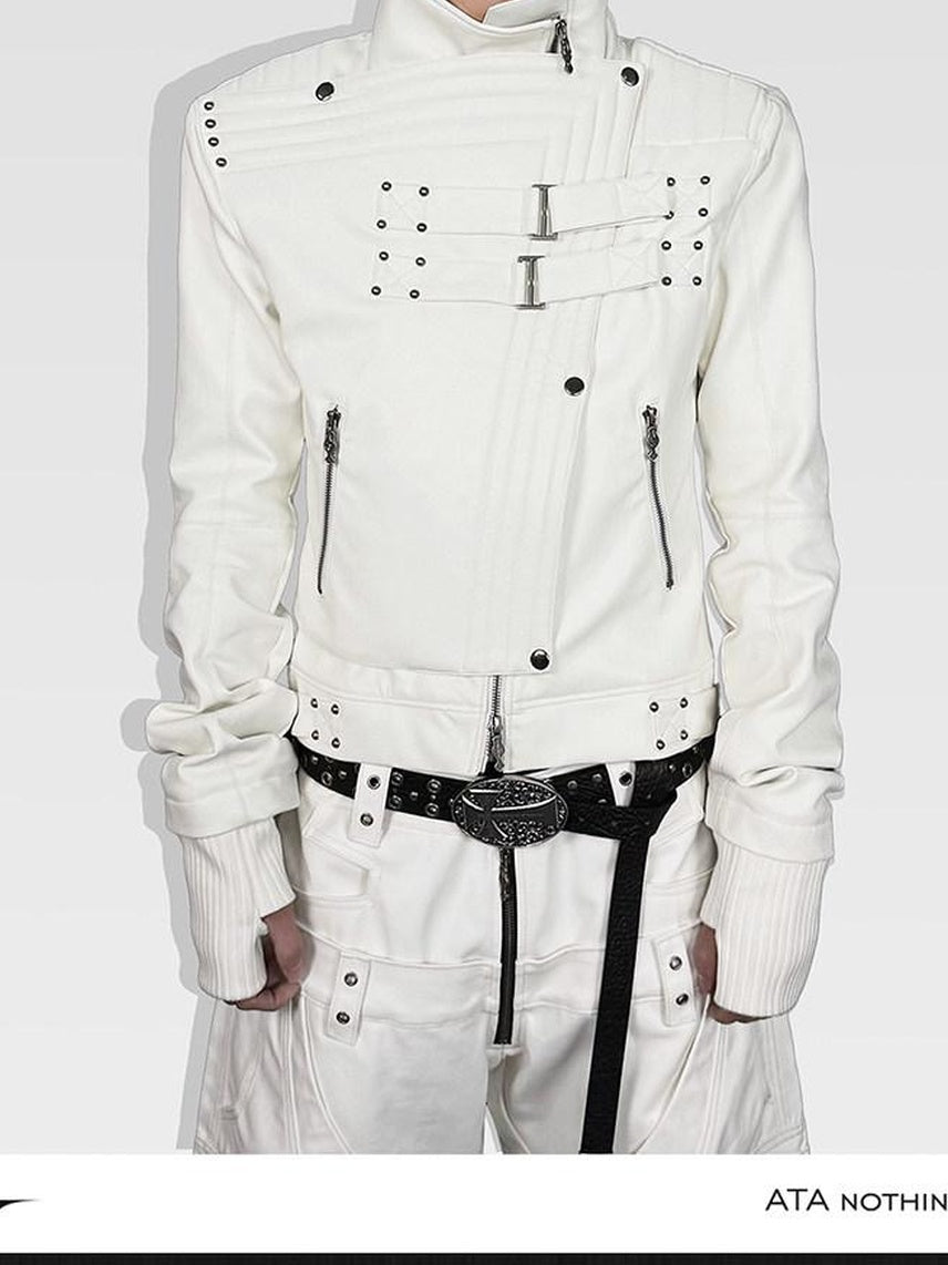ATAnothingness Windproof Pu Cropped Zip Long Sleeve Silver Moon White Leather Jackets