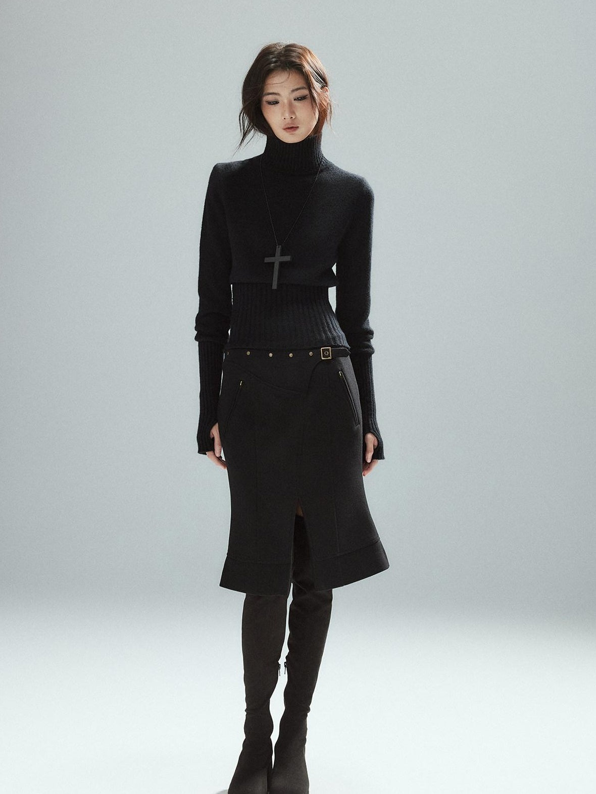 Low pixel Wool Blend Lined Patchwork Hline Slim Low Waist Black Side Zip Midi Skirts