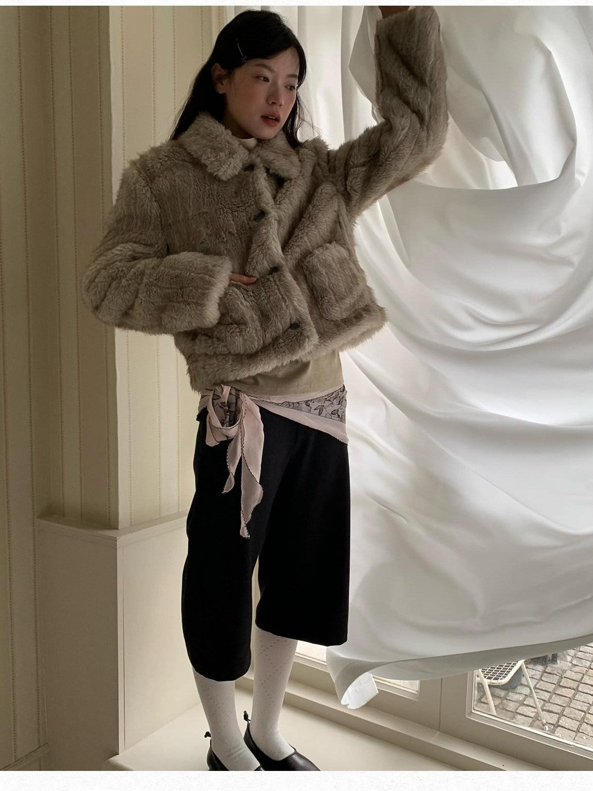 Dorydory Striped Turn Down Collar Eco Fur Textured Women&
