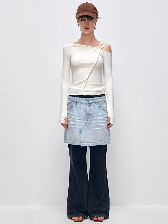 RUN TO THE FUTURE High Stretch Slim Fit Natural Waist Zipper Everyday Blue Black Denim Flare Jeans