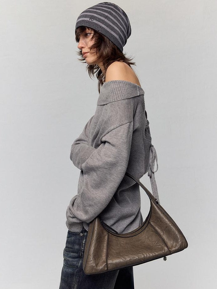 RUN TO THE FUTURE Waxed Leather Soft Handle Vintage Topstitch Medium Zipper Daily Handbags