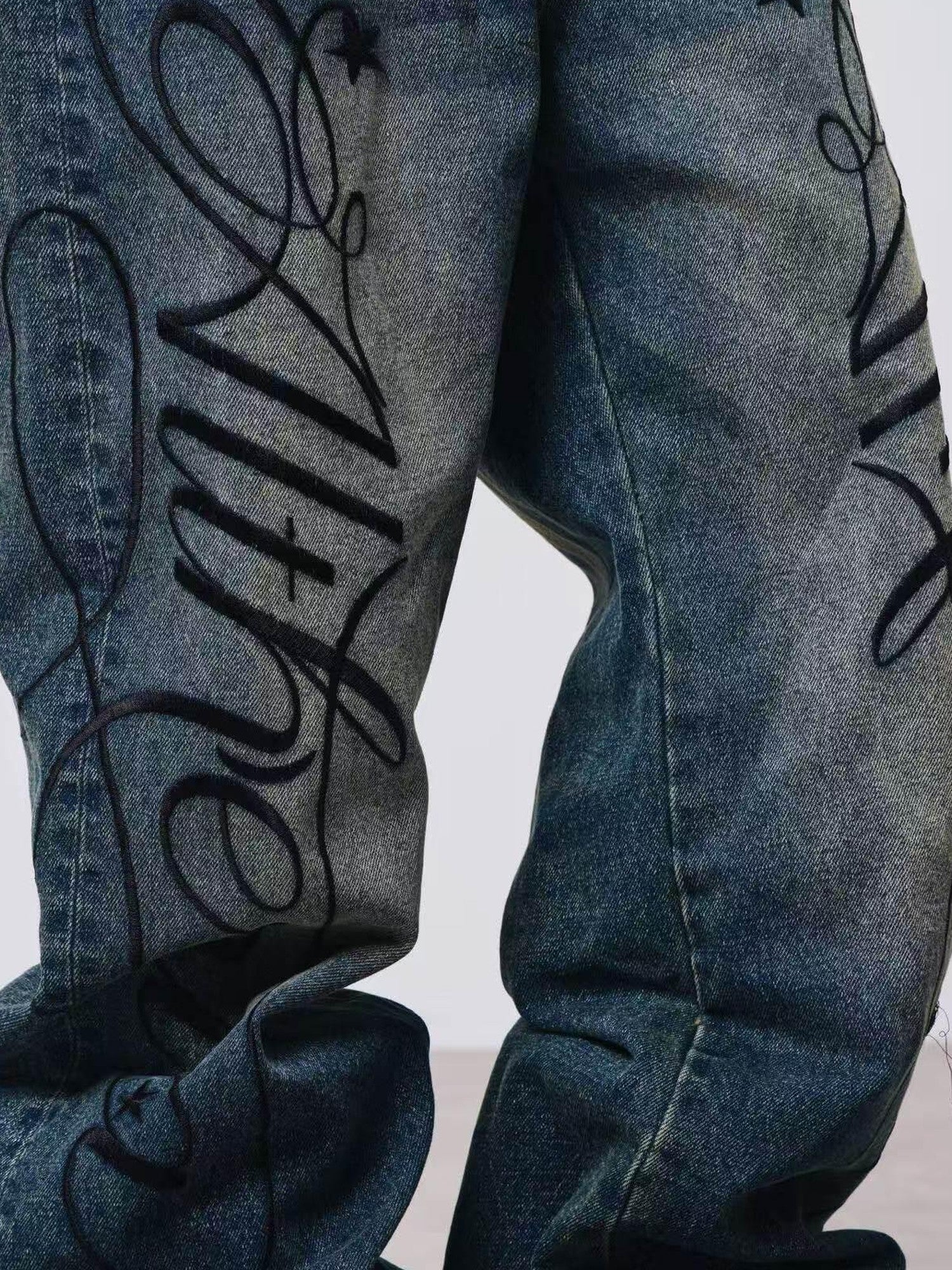 DETW onLine Washed Blue Embroidered Letter Print Baggy Women&