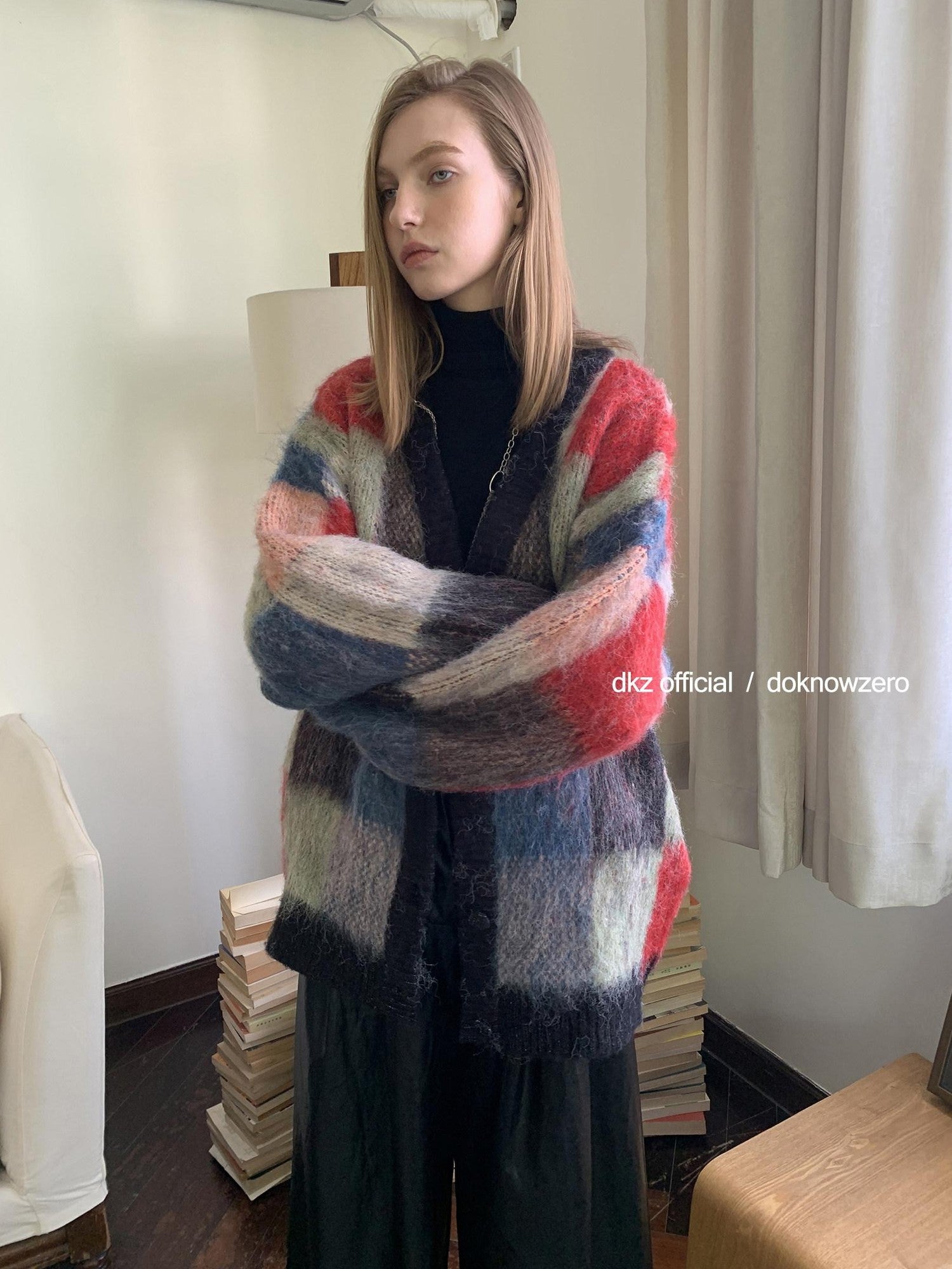 DKZ OFFICIAL Retro Colorful Plaid Knit Buttoned Loose Women&