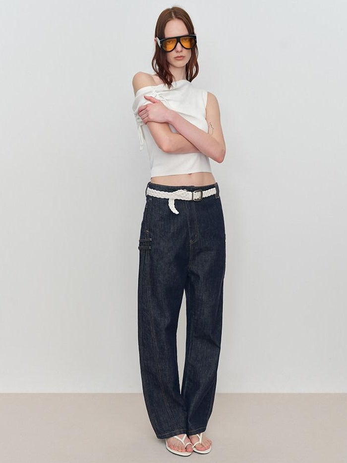 RUN TO THE FUTURE Durable Low Rise Loose Fit Casual Solid Dark Denim No Stretch Straight Jeans