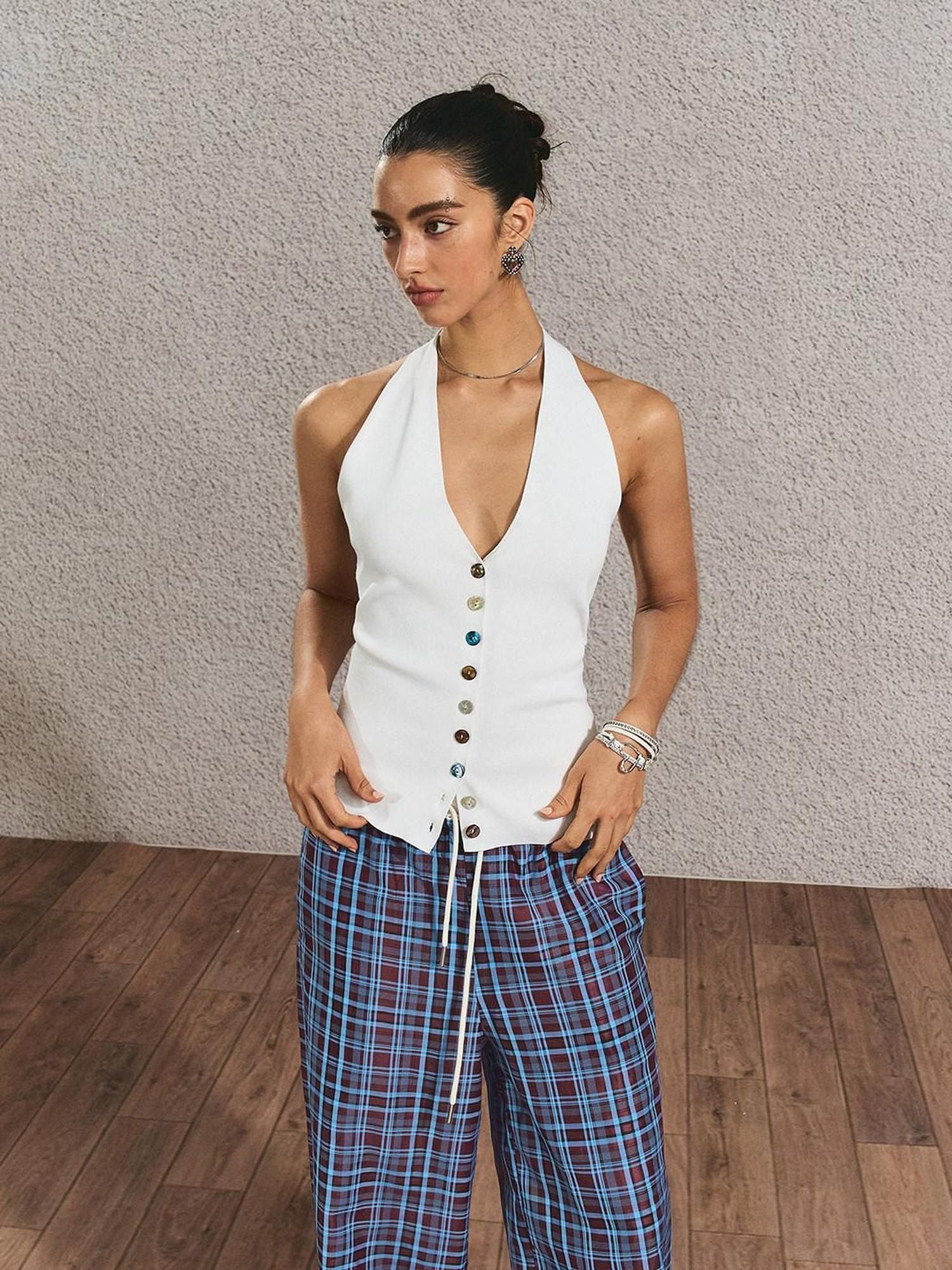The NeverMore Silky Rayon Backless Halter V-neck Slim Cropped Sexy Women Tank Tops & Camis