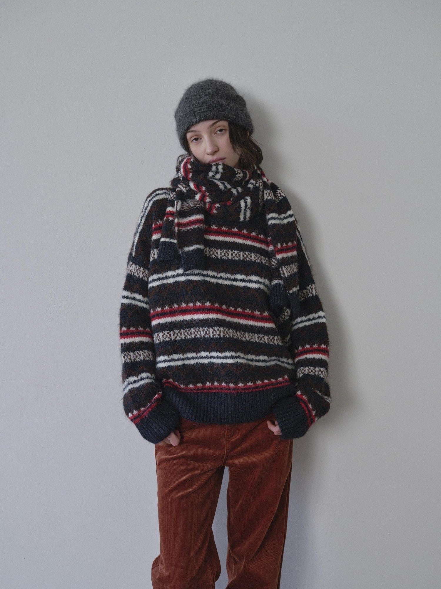 DKZ OFFICIAL Retro Striped Jacquard Two Piece Scarf Pullover Women&