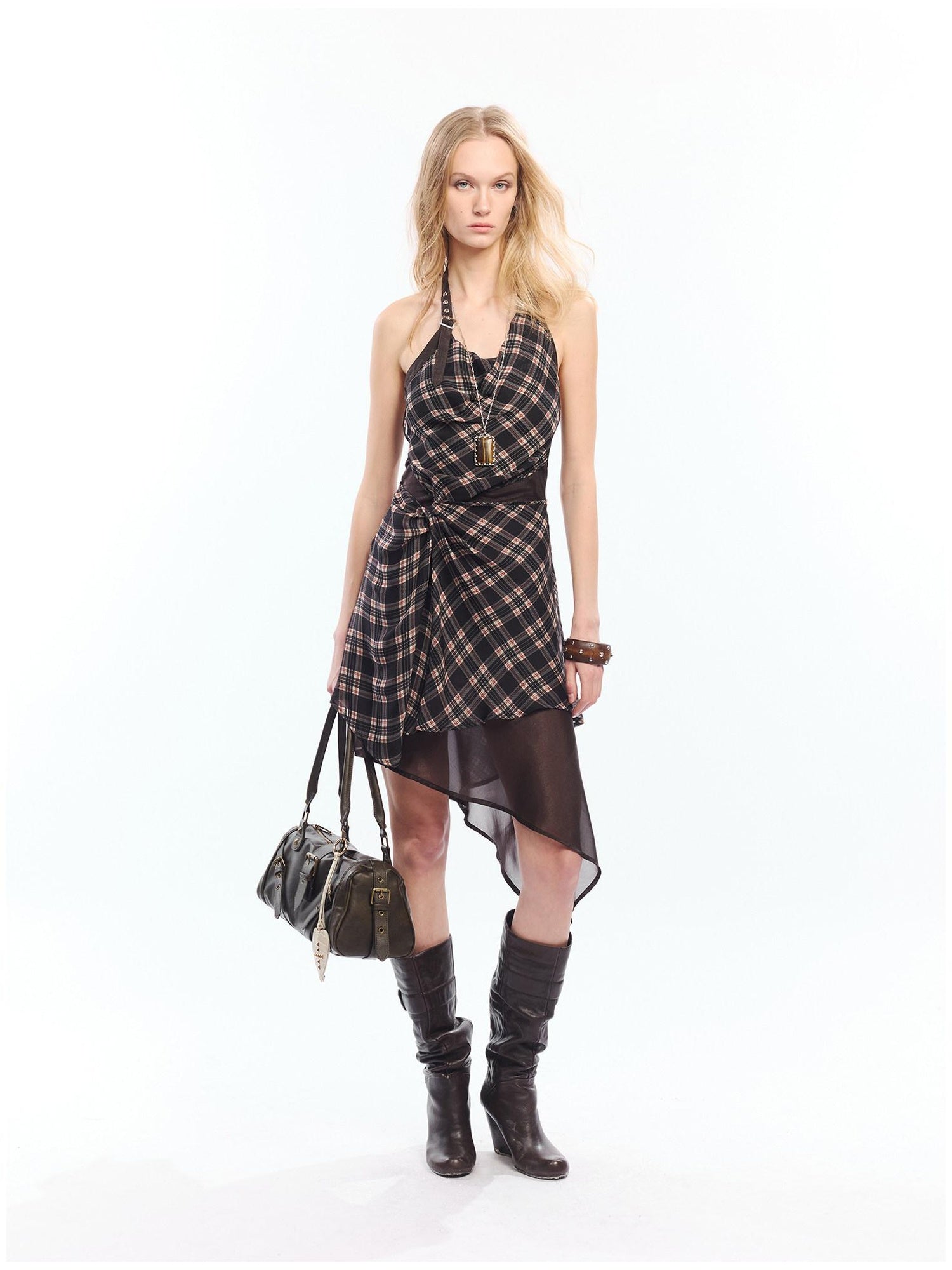 2th Desire High Waist Vintage Plaid A Line Spaghetti Strap City Slim Slip Mini Dresses