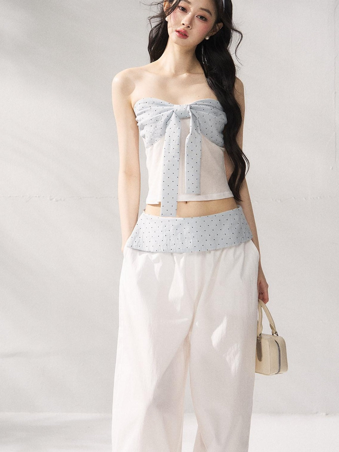 7Shiftin Polka Dot Bow Cropped Three Piece High Waist Sleeveless Women Top & Pants Sets