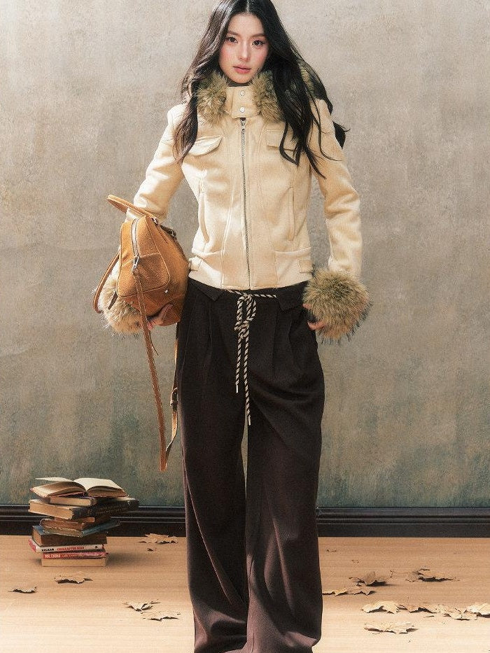 7Shiftin Brown Drawstring Pocket Natural Waist Original Straight Women Wide Leg Pants