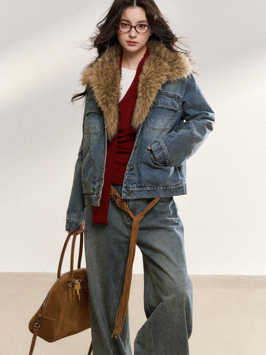 7Shiftin Warm Detachable Fur Collar Casual Cropped Women Long Sleeve Denim Jackets