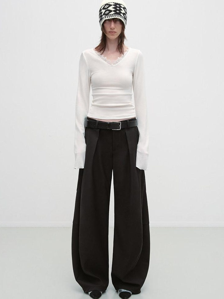 RUN TO THE FUTURE Pleated Minimalist Mid Rise Micro Stretch Casual Loose Fit Black Wide-Leg Pants