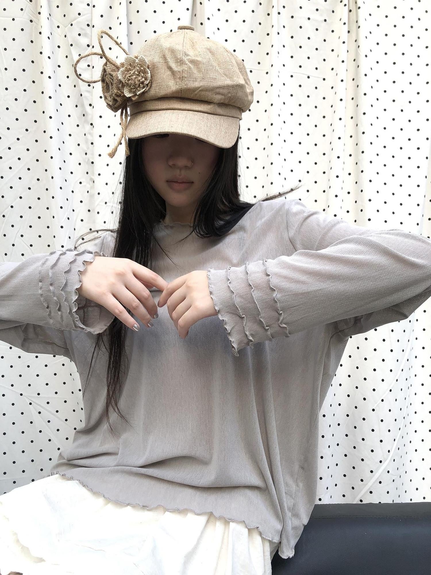 ang project Mocha Sheer Mesh Layered Ruffle Round Neck Women&