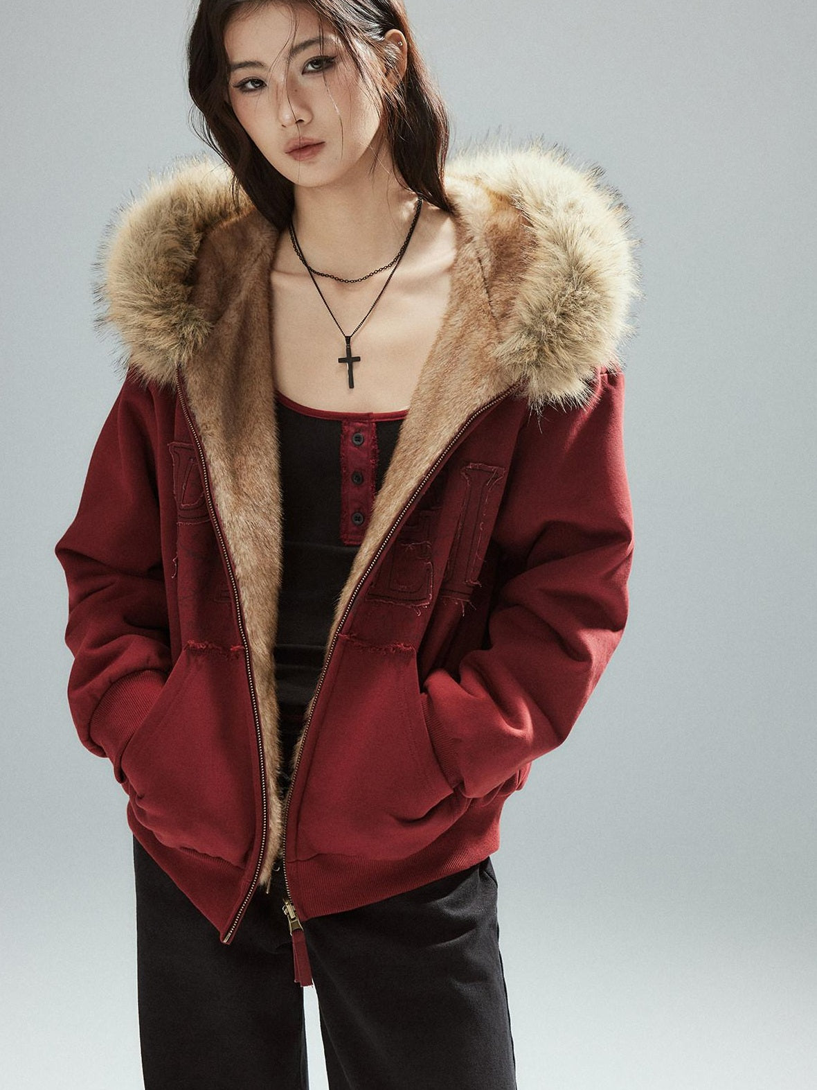 Low pixel Thick Warm 100 Percent Cotton Street Loose Fit Zip Up Women Red Oversized Hoodie